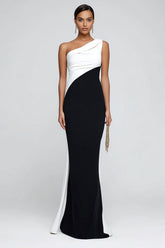 Simple Black and White One Shoulder Patchwork Long Formal Dress
