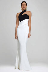 Simple Black and White Mermaid One Shoulder Long Formal Dress