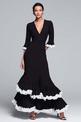 Black and White V-Neck Ruffled Tiered Long Formal Dress with Sleeves