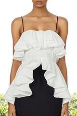 Black and White Spaghetti Straps Long Formal Dress with Ruffles