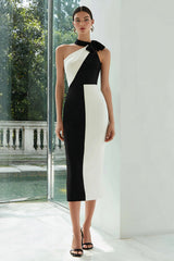 Simple Black and White Sheath Patchwork Midi Formal Dress