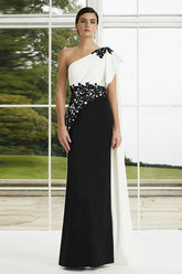 Black and White One Shoulder Appliqued Long Formal Dress with Side Cape