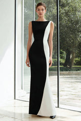 Black and White Bateau Neck Patchwork Long Formal Dress