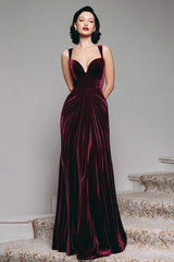 Burgundy Velvet Mermaid Thick Straps Ruched Long Holiday Party Dress