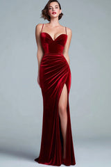 Burgundy Velvet Mermaid Ruched Long Holiday Party Dress with Slit