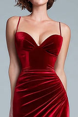 Burgundy Velvet Mermaid Ruched Long Holiday Party Dress with Slit