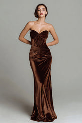 Brown Velvet Mermaid Strapless Long Corset Holiday Party Dress