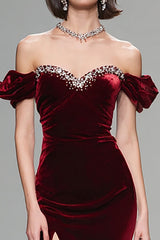 Sparkly Burgundy Velvet Mermaid Long Holiday Party Dress with Beading