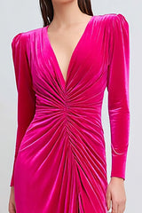 Fuchsia Ruched Velvet Sheath Long Sleeves Holiday Party Dress with Slit
