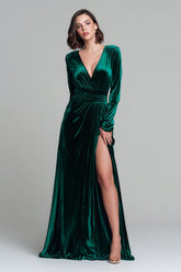 Dark Green A Line Velvet V-Neck Long Sleeves Holiday Party Dress with Slit