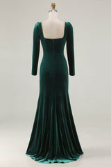 Dark Green Square Neck Velvet Long Holiday Party Dress with Slit