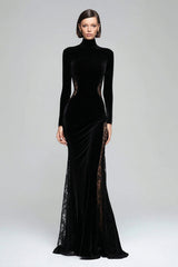 Black Velvet Mermaid High Neck Maxi Formal Dress with Lace