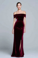 Burgundy Long Velvet Off the Shoulder Formal Dress with Slit