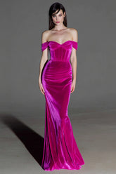 Fuchsia Corset Mermaid Maxi Velvet Evening Dress