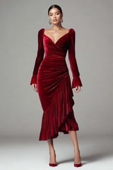Burgundy Mermaid Velvet Ruched Holiday Party Dress with Ruffles