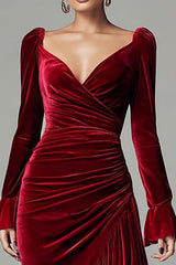 Burgundy Mermaid Velvet Ruched Holiday Party Dress with Ruffles