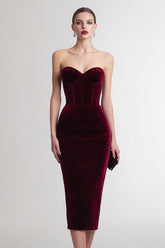 Burgundy Bodycon Velvet Sweetheart Midi Corset Holiday Party Dress