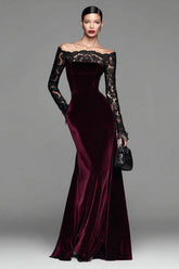 Burgundy Velvet Lace Off the Shoulder Mermaid Long Sleeves Formal Dress