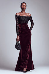 Black and Burgundy Velvet Long Sleeves Holiday Party Dress with Lace