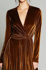 Brown Velvet Pleated A Line V-Neck Long Sleeves Holiday Party Dress