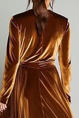 Brown Velvet Pleated A Line V-Neck Long Sleeves Holiday Party Dress