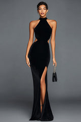 Black Mermaid Velvet Halter Long Holiday Party Dress with Slit
