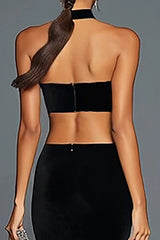 Black Mermaid Velvet Halter Long Holiday Party Dress with Slit