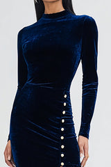 Navy Velvet High Neck Long Sleeves Holiday Party Dress with Slit