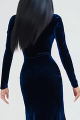 Navy Velvet High Neck Long Sleeves Holiday Party Dress with Slit
