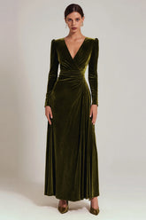 Olive Velvet A Line V-Neck Long Holiday Party Dress with Sleeves