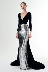 Sparkly Black and Silver V-Neck Long Holiday Party Dress with Sleeves