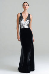 Sparkly Black and Silver Velvet V-Neck Long Holiday Party Dress with Sequins