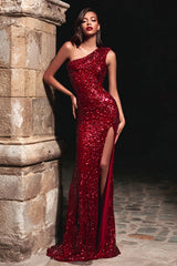 Sparkly Red One Shoulder Sequin Long Holiday Party Dress with Slit