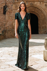 Sparkly Dark Green Sequin V-Neck Long Holiday Party Dress with Sleeves