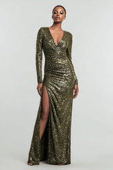 Sparkly Olive Sequin Long Sleeves Holiday Party Dress with Slit