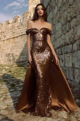 Sparkly Brown Off the Shoulder Sequin Long Holiday Party Dress with Cape