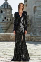 Sparkly Black Sequin Mermaid Long Holiday Party Dress with Sleeves