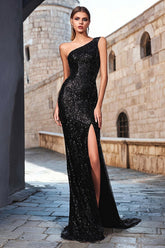 Sparkly Black Mermaid Sequin One Shoulder Long Holiday Party Dress