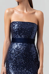 Sparkly Navy Sequin Strapless Long Holiday Party Dress