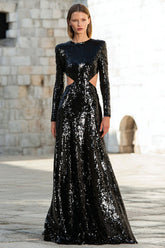 Sparkly Black Cut Out Sequin Long Sleeves Holiday Party Dress