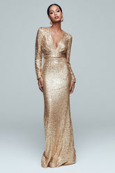 Sparkly Gold Mermaid Sequin V-Neck Long Sleeves Holiday Party Dress