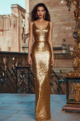 Sparkly Gold Sequin Scoop Neck Long Holiday Party Dress
