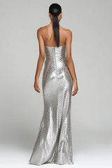 Sparkly Sequin Silver Strapless Long Holiday Party Dress with Slit
