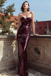 Sparkly Burgundy Sweetheart Sequin Long Holiday Party Dress