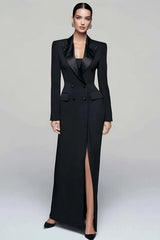 Black Pencil Peak Lapel Double Breasted Long Blazer Dress with Sleeves
