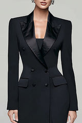 Black Pencil Peak Lapel Double Breasted Long Blazer Dress with Sleeves