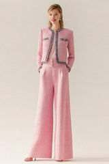 Pink Black 2 Piece Wide Leg Tweed Interview Outfits with Pockets