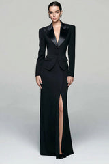 Black Peak Lapel Pencil 2 Piece Long Blazer Dress with Slit