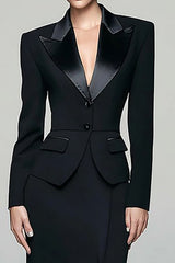 Black Peak Lapel Pencil 2 Piece Long Blazer Dress with Slit