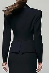 Black Peak Lapel Pencil 2 Piece Long Blazer Dress with Slit
